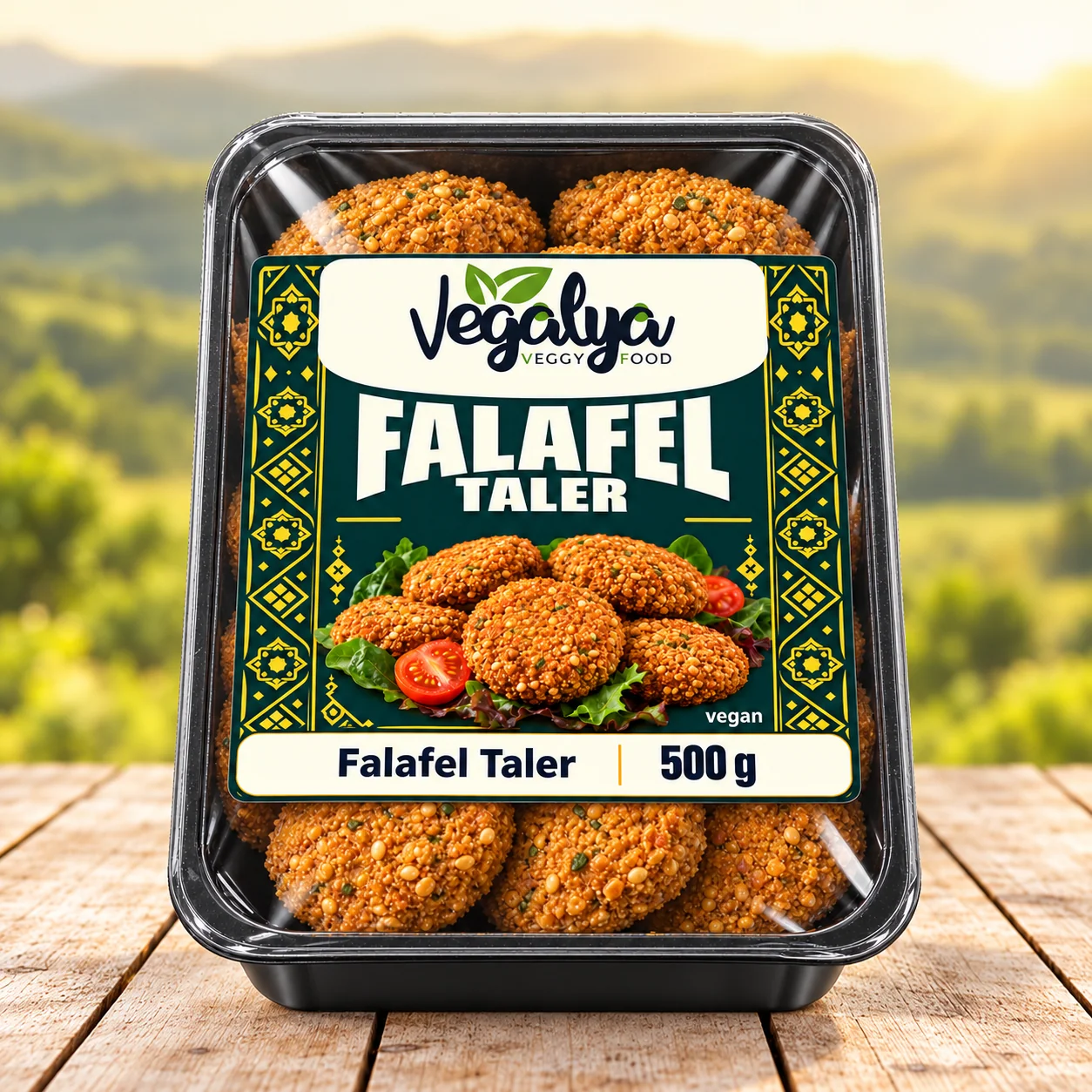 Vegalya Falafel Taler in der Verpackung mit petrolfarbenem Etikett, vegan, 500 g