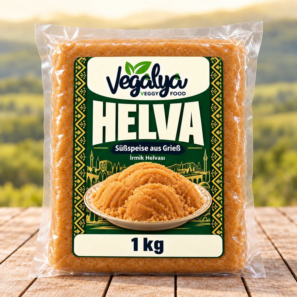Vegalya Helva, Süßspeise aus Grieß, in der 1-kg-Verpackung mit dunkelgrünem Etikett