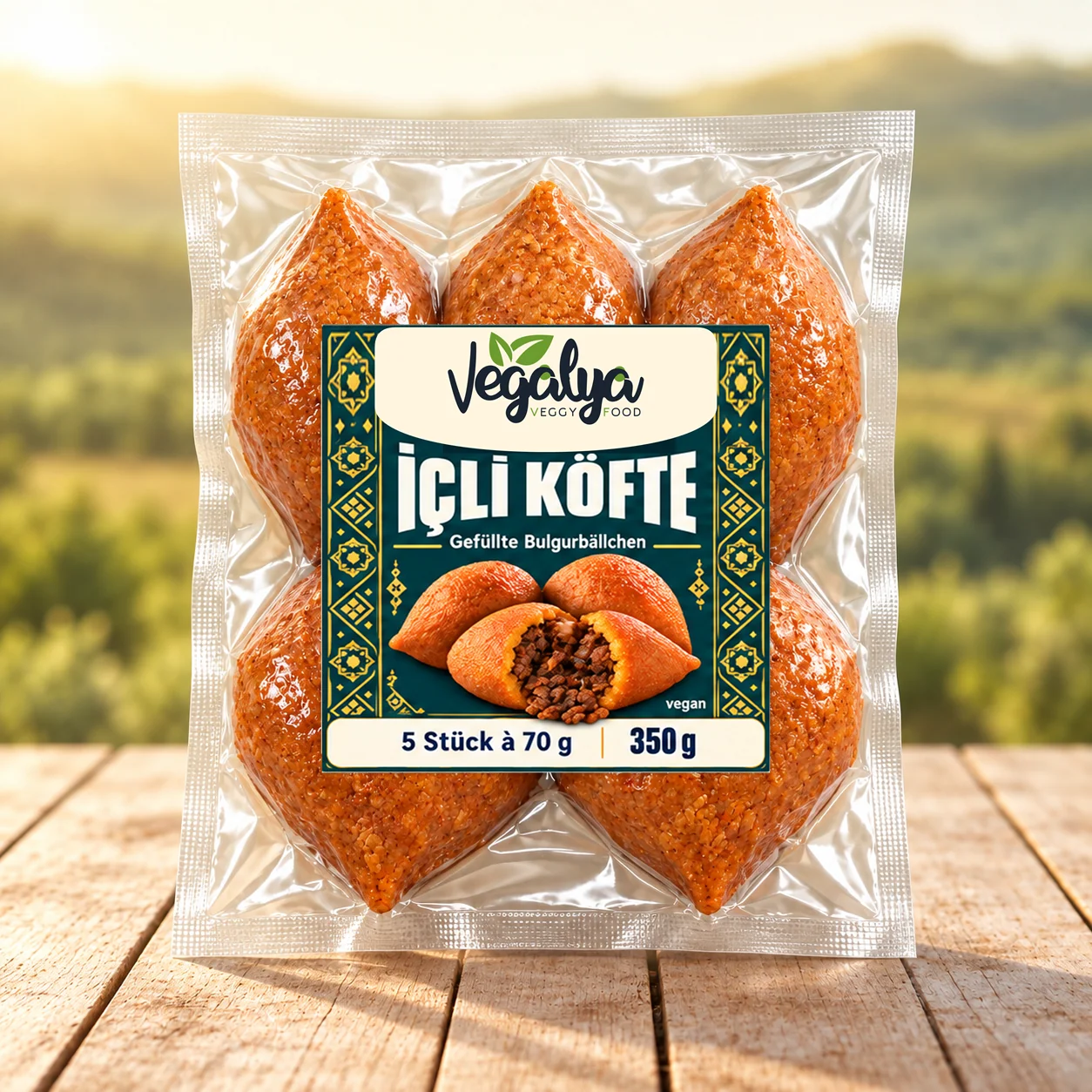 Vegalya İçli Köfte in der Verpackung, vegane gefüllte Bulgurbällchen, 5 Stück à 70 g, 350 g