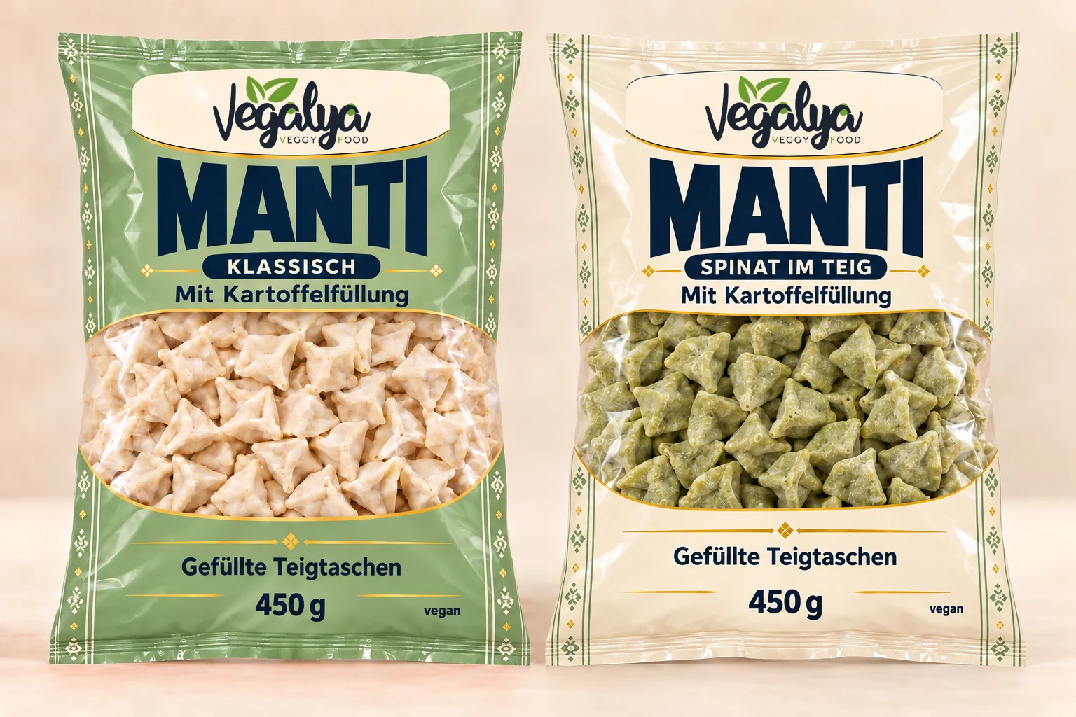 Vegalya Mantı Klassisch mit Kartoffelfüllung und Mantı Spinat im Teig mit Kartoffelfüllung, beide vegan, je 450 g