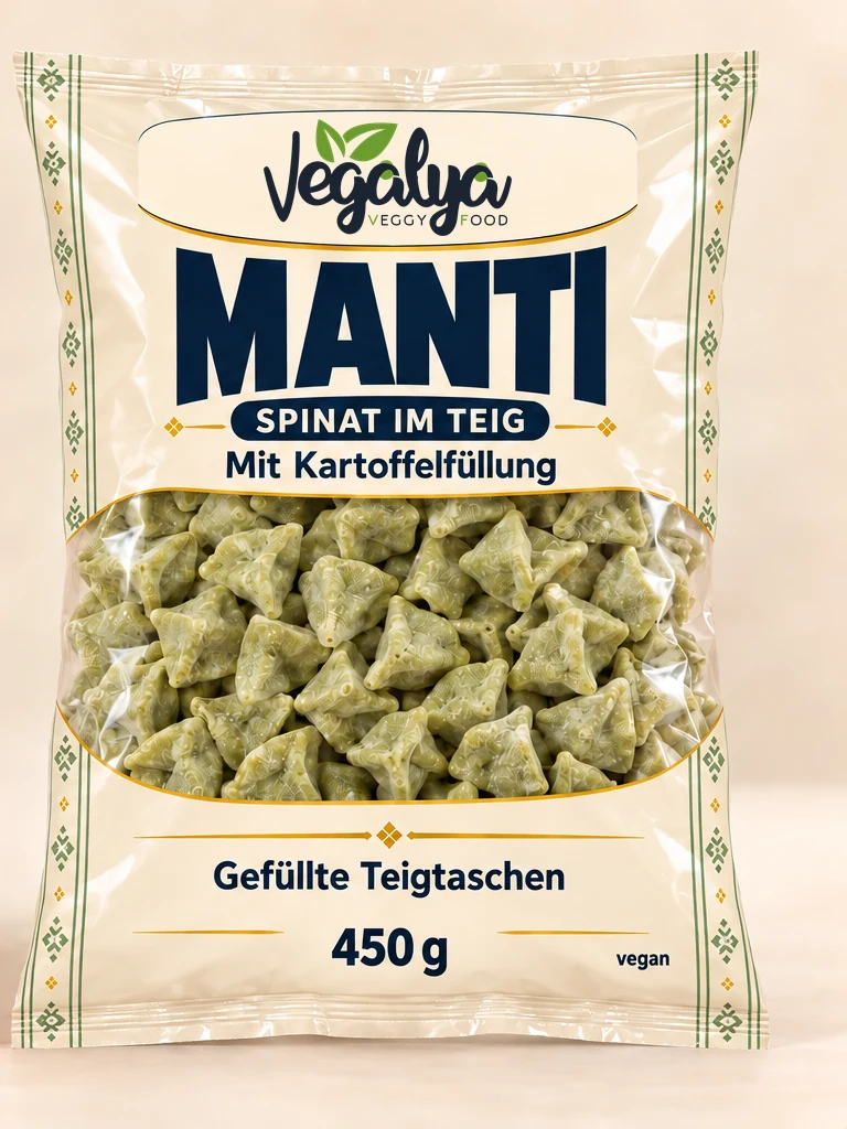 Vegalya Mantı Spinat im Teig mit Kartoffelfüllung in der cremefarbenen 450-g-Packung, vegan