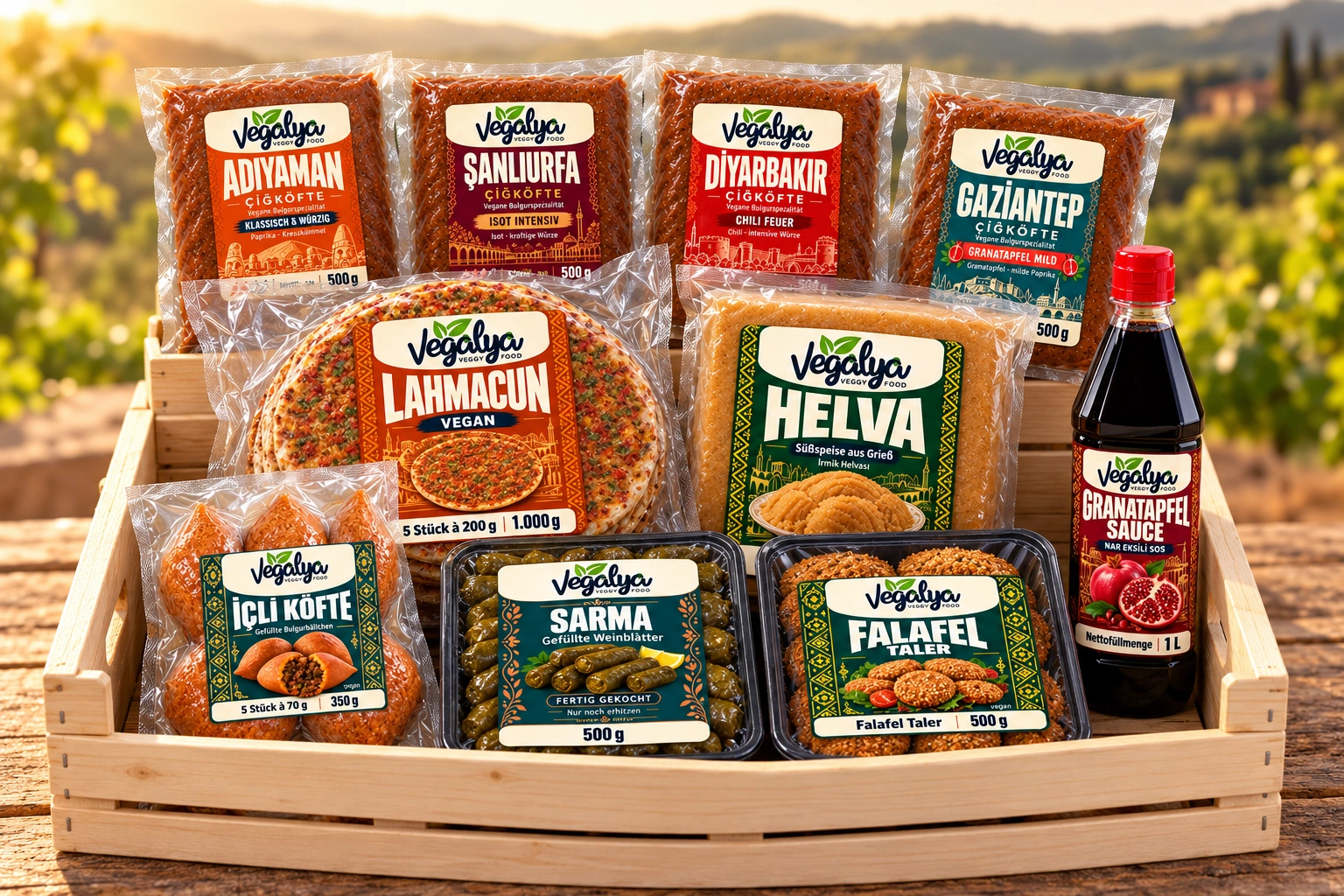 Die Vegalya Produktfamilie in einer Holzkiste: vier Çiğköfte-Sorten, Lahmacun, Helva, İçli Köfte, Sarma, Falafel Taler und Granatapfelsauce